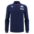 The Scotland SRU 25/26 Replica Home Long Sleeve Cotton Jersey by Macron features official logos, "Arnold Clark" sponsor, navy blue cotton, white accents, and a black collar with pink trim—the perfect fan shirt.