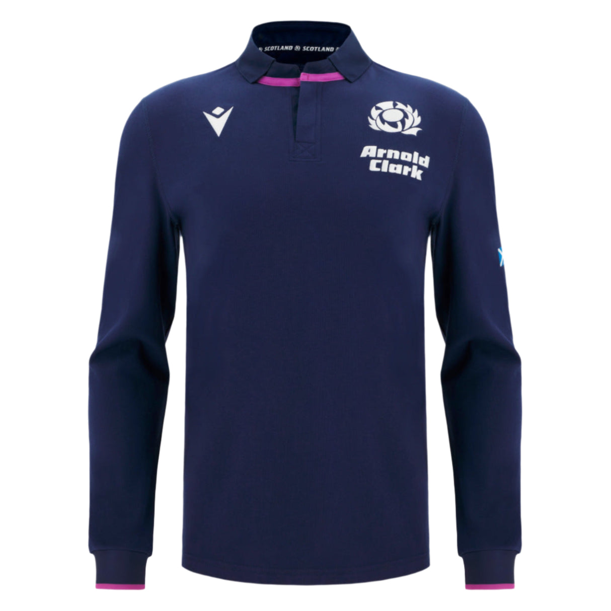 The Scotland SRU 25/26 Replica Home Long Sleeve Cotton Jersey by Macron features official logos, "Arnold Clark" sponsor, navy blue cotton, white accents, and a black collar with pink trim—the perfect fan shirt.