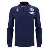 The Scotland SRU 25/26 Replica Home Long Sleeve Cotton Jersey by Macron features official logos, "Arnold Clark" sponsor, navy blue cotton, white accents, and a black collar with pink trim—the perfect fan shirt.