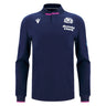 The Scotland SRU 25/26 Replica Home Long Sleeve Cotton Jersey by Macron features official logos, "Arnold Clark" sponsor, navy blue cotton, white accents, and a black collar with pink trim—the perfect fan shirt.