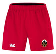 The EMB Canterbury Battleship Rugby Club 50th Anniversary Advantage Short 2.0 features an elastic waistband, side pockets, a white Canterbury logo, and a black and gold anniversary patch—sustainable shorts made for comfort and performance.