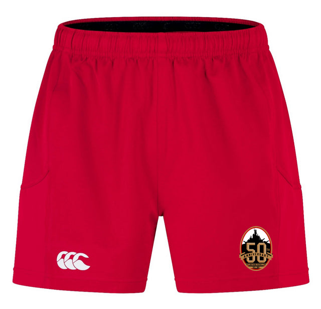 The EMB Canterbury Battleship Rugby Club 50th Anniversary Advantage Short 2.0 features an elastic waistband, side pockets, a white Canterbury logo, and a black and gold anniversary patch—sustainable shorts made for comfort and performance.