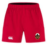 The EMB Canterbury Battleship Rugby Club 50th Anniversary Advantage Short 2.0 features an elastic waistband, side pockets, a white Canterbury logo, and a black and gold anniversary patch—sustainable shorts made for comfort and performance.