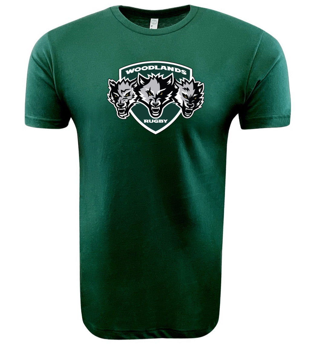 Show team spirit with the Woodlands Youth Wolfpack Supersoft Tee by WRS LAT. This unisex cotton shirt features a “Woodlands Rugby” crest and triple wolf heads graphic—perfect for any fan!.