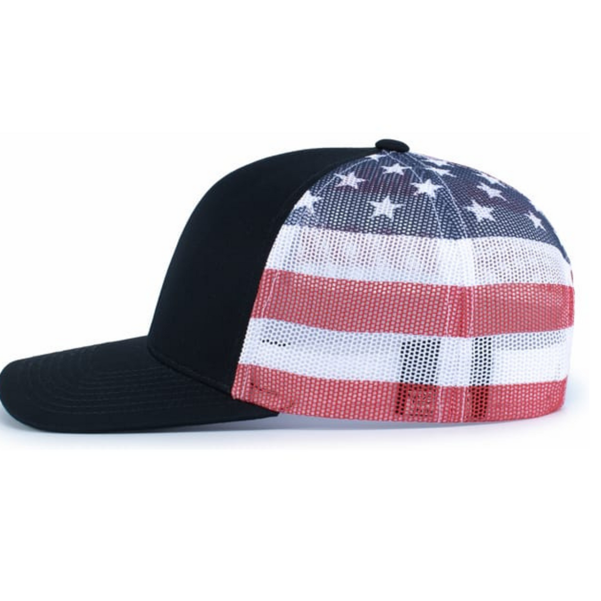 The Augusta Sportswear Printed Flag Trucker Cap features a black design with a mesh back and an American flag pattern in red, white, and blue with stars and stripes.