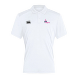 The Girls Rugby Club Dry Polo by EMB Canterbury is a white, short-sleeved polo with a collar and Vapodri tech for comfort. It features the Canterbury logo on one chest side and the "girls rugby" logo on the other.
