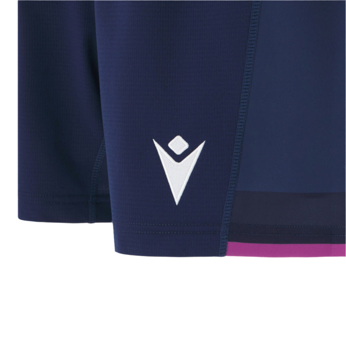Close-up of Scotland SRU 25/26 Matchday Home Shorts by Macron in dark blue, featuring the white Macron logo and a pink strip at the bottom edge, highlighting key details of these official rugby shorts.