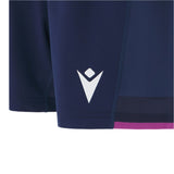 Close-up of Scotland SRU 25/26 Matchday Home Shorts by Macron in dark blue, featuring the white Macron logo and a pink strip at the bottom edge, highlighting key details of these official rugby shorts.