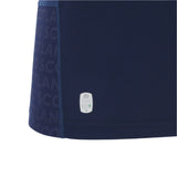 Close-up of the Scotland SRU 25/26 Replica Home Jersey by Macron in navy blue, showing the "SCOTLAND" text pattern, visible stitching, and an ECO label on the fabric.