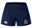 The Women's Columbia Business Advantage Short 2.0 by EMB Canterbury features a navy design with a white Canterbury logo on the left leg and CBS RFC crest on the right, offering comfortable, sustainable athletic wear for rugby players.