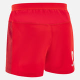 The Wales 25/26 Matchday Home Shorts by Macron are bright red men's rugby shorts featuring an elastic waistband and a white Macron logo on the lower left leg, shown against a plain background.
