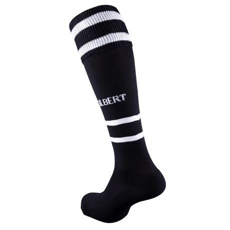 The Gilbert Training II Sock is a black knee-high sock with white stripes, featuring "ALBERT" on the front. Designed by Gilbert, these socks offer elasticated support for comfort and resemble Gilbert Rugby Training Socks, combining style and practicality.