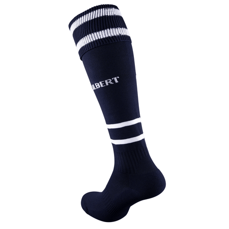 Dark blue knee-high Gilbert Training II Sock with horizontal white stripes near the top and "ALBERT" text on the side, featuring elasticated support for a secure fit. Ideal for comfort and durability during rugby training.