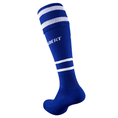 A long blue Gilbert Training II Sock, white striped near the top and middle, displayed on a mannequin leg. The sock includes "Gilbert" on the side and offers elasticated support for comfort, ideal as rugby training socks.