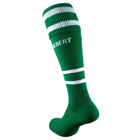The Gilbert Training II Sock is a green knee-high sports sock with white stripes and text near the top, offering elasticated support for optimal comfort. Ideal for your next game.