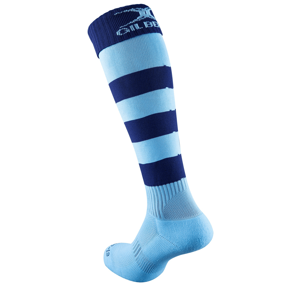 The Gilbert Kryten II Hoop Sock is a knee-high rugby sock with alternating light and dark blue stripes, designed with elasticated support for enhanced comfort and performance.