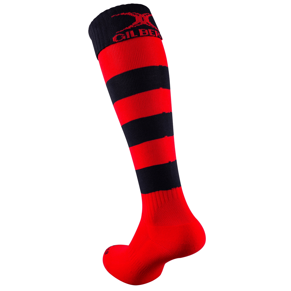 The Gilbert Kryten II Hoop Sock is a red and black knee-high rugby sock with brand branding, offering elasticated support for a performance-enhancing fit.