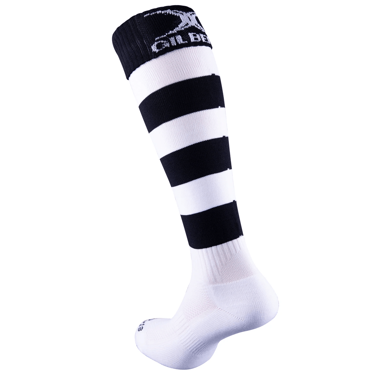 The Gilbert Kryten II Hoop Sock is a black and white striped knee-high rugby sock with elasticated support for enhanced performance, featuring the Gilbert branding near the cuff, shown against a plain white background.