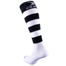 The Gilbert Kryten II Hoop Sock is a black and white striped knee-high rugby sock with elasticated support for enhanced performance, featuring the Gilbert branding near the cuff, shown against a plain white background.