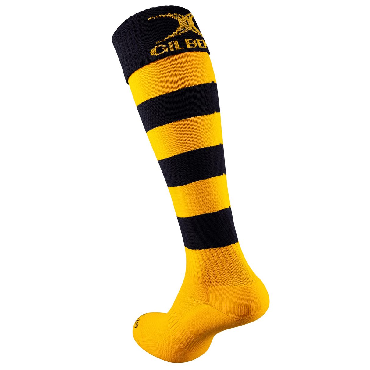 The Gilbert Kryten II Hoop Sock by Gilbert is a knee-high sock with black and yellow stripes, featuring a logo near the top. Designed as rugby socks, they provide elasticated support for enhanced comfort during performance.