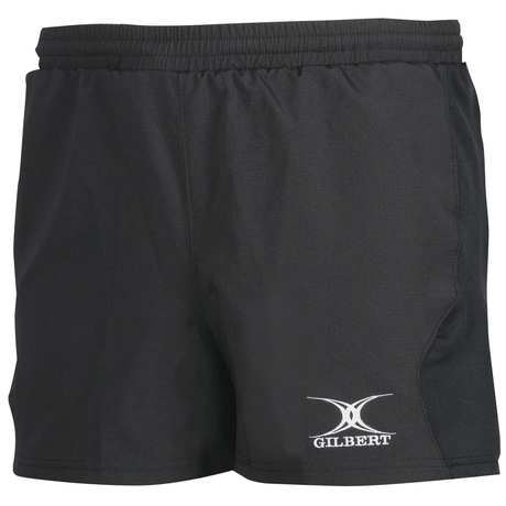 The Gilbert Virtuo Match Short is designed for elite players, featuring a rugby-specific fit with an elastic waistband. "Gilbert" along with the logo is printed on the lower left side, offering both style and performance for black athletic shorts.