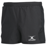 The Gilbert Virtuo Match Short 3-Pack Bundle by Bundle Gilbert includes black athletic shorts featuring a rugby-specific fit, an elastic waistband, and the white "Gilbert" logo on the left. Designed for elite players, these shorts provide style and functionality both on and off the field.