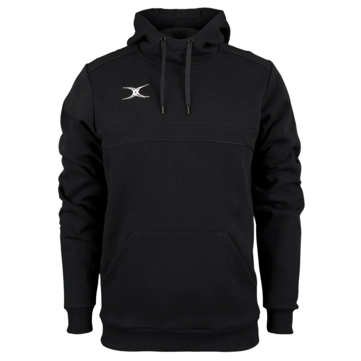 The Photon Hoodie by Gilbert features a black fleece-lined design, front pocket, drawstrings, and a small white embroidered Gilbert logo on the left chest—combining comfort and style.