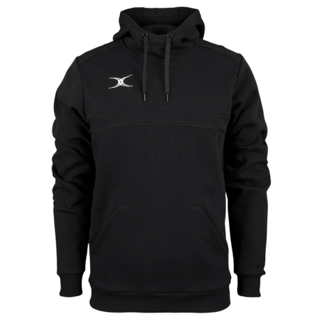 The Photon Hoodie by Gilbert features a black fleece-lined design, front pocket, drawstrings, and a small white embroidered Gilbert logo on the left chest—combining comfort and style.
