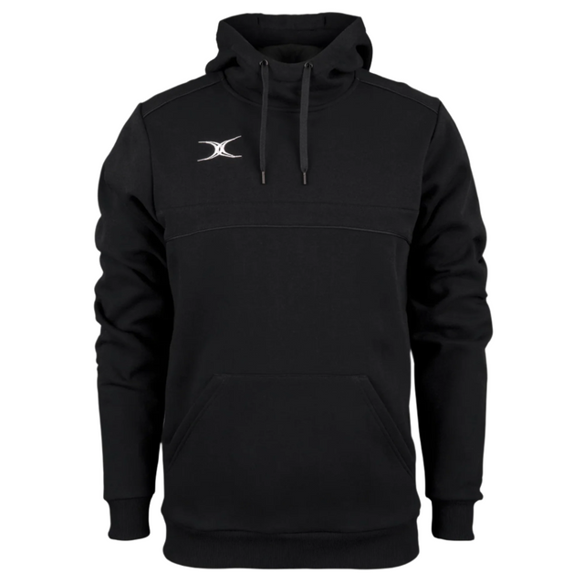 The Photon Hoodie by Gilbert features a black fleece-lined design, front pocket, drawstrings, and a small white embroidered Gilbert logo on the left chest—combining comfort and style.