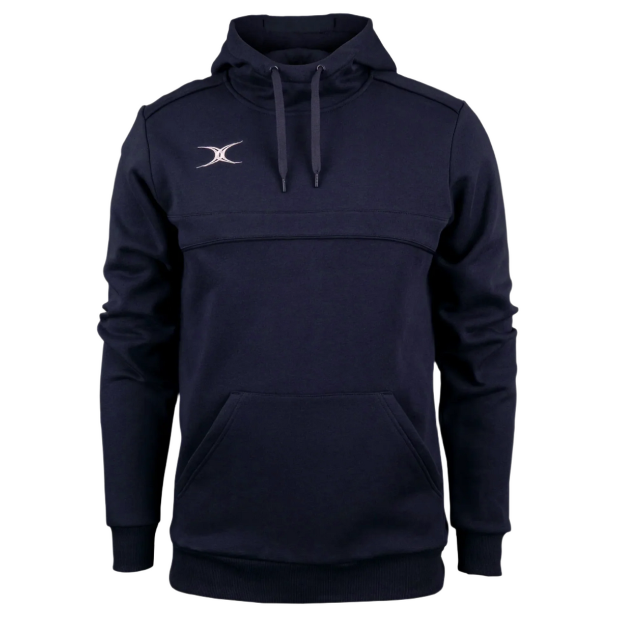 The Photon Hoodie by Gilbert is a navy blue fleece-lined hoodie featuring a front pocket, drawstrings, and a small white logo on the left chest. Stay stylish and comfortable for any casual outing with this Gilbert classic.