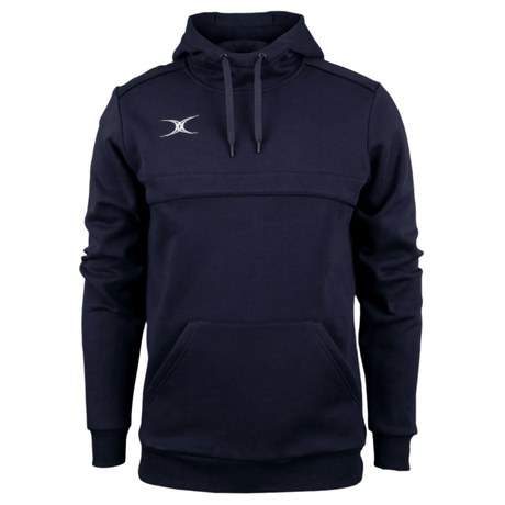 The Photon Hoodie by Gilbert is a navy blue fleece-lined hoodie featuring a front pocket, drawstrings, and a small white logo on the left chest. Stay stylish and comfortable for any casual outing with this Gilbert classic.