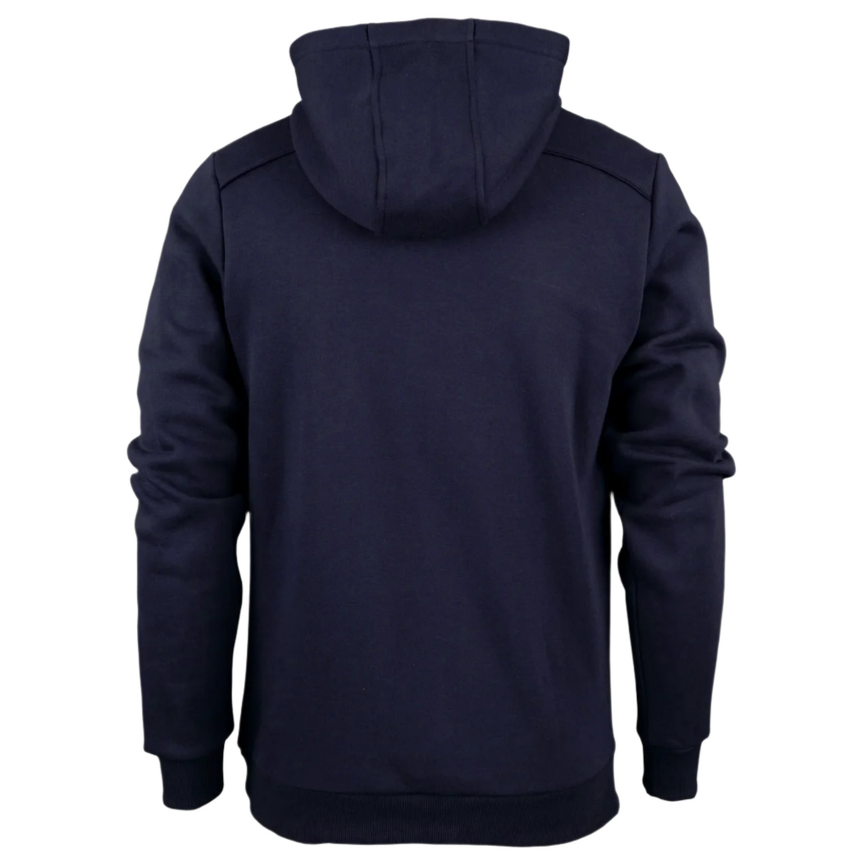 The Gilbert Photon Hoodie is displayed from the back in navy blue, featuring long sleeves with ribbed cuffs and hem, plus a fleece lining for comfort.
