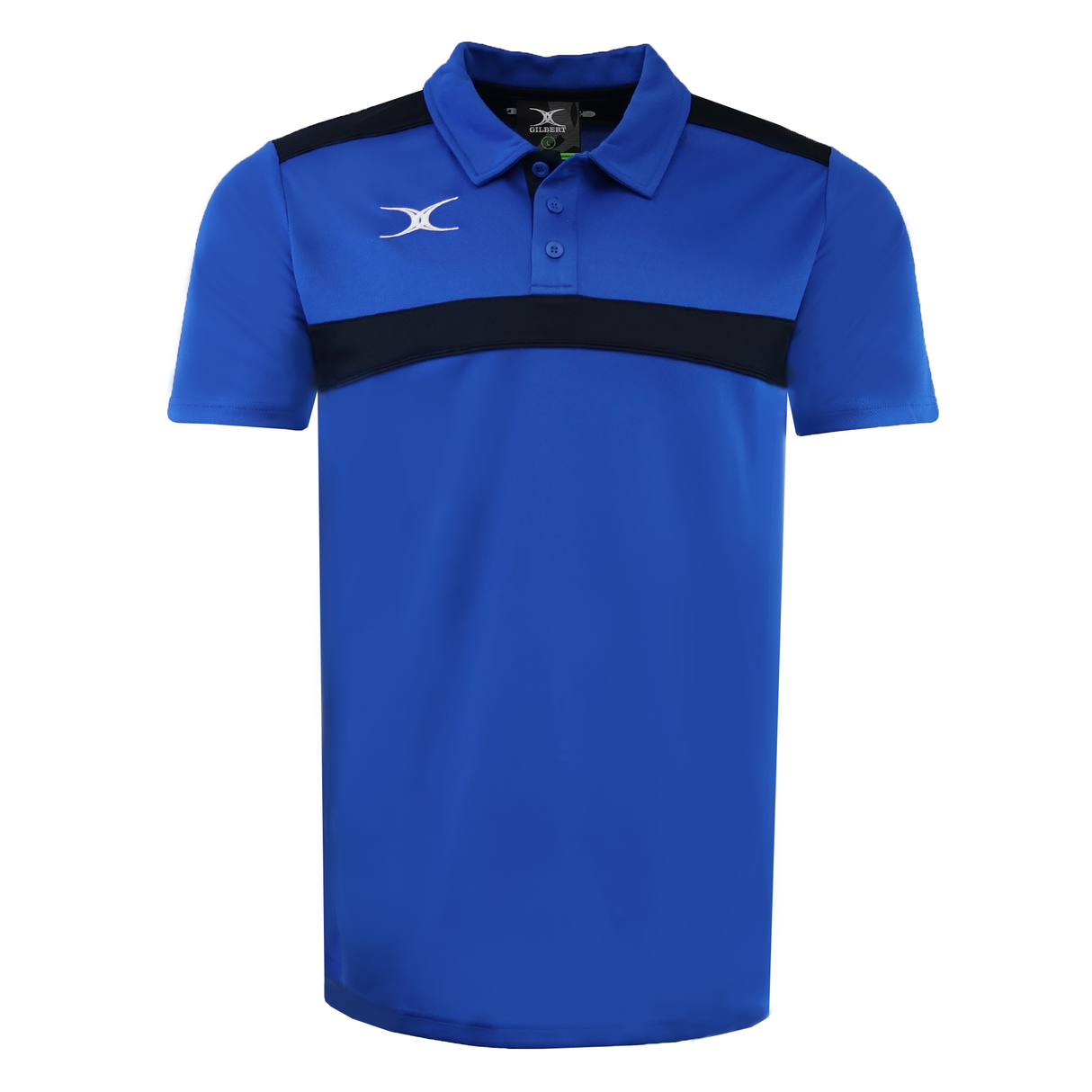 The Gilbert Photon II Polo is a blue, short-sleeved polo with a black stripe across the chest and shoulders, white Gilbert logo on the left chest, and made from lightweight, moisture-wicking fabric for comfort.