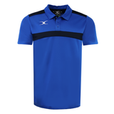 The Gilbert Photon II Polo is a blue, short-sleeved polo with a black stripe across the chest and shoulders, white Gilbert logo on the left chest, and made from lightweight, moisture-wicking fabric for comfort.
