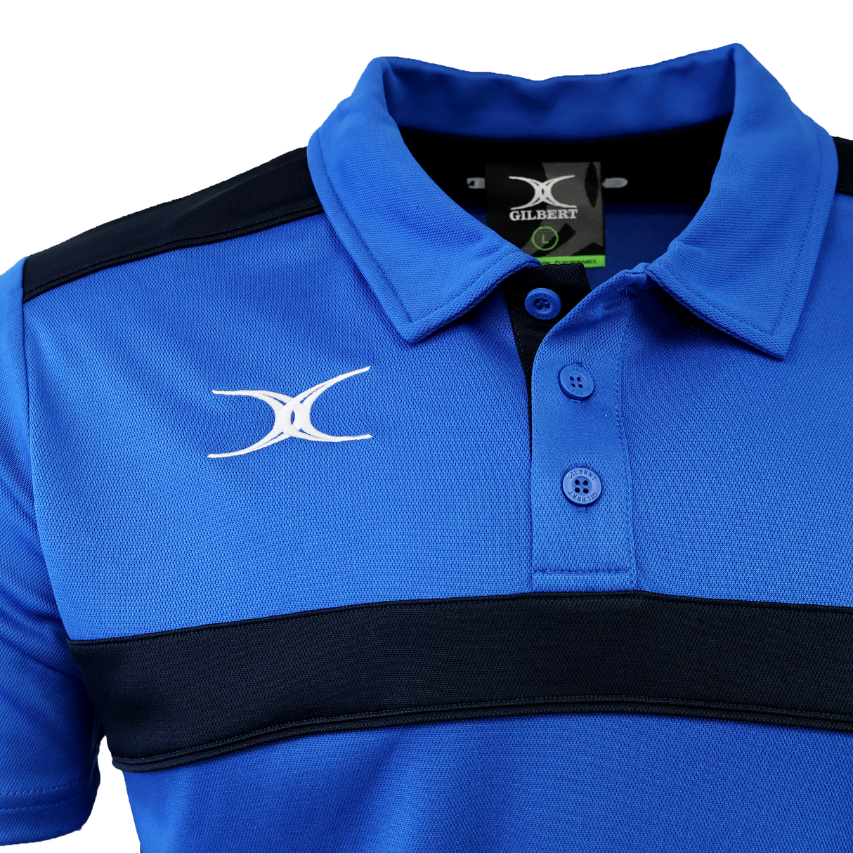 Close-up of the Gilbert Photon II Polo, a blue sports shirt with black stripes, white Gilbert logo on the chest, and lightweight fabric for all-day comfort.