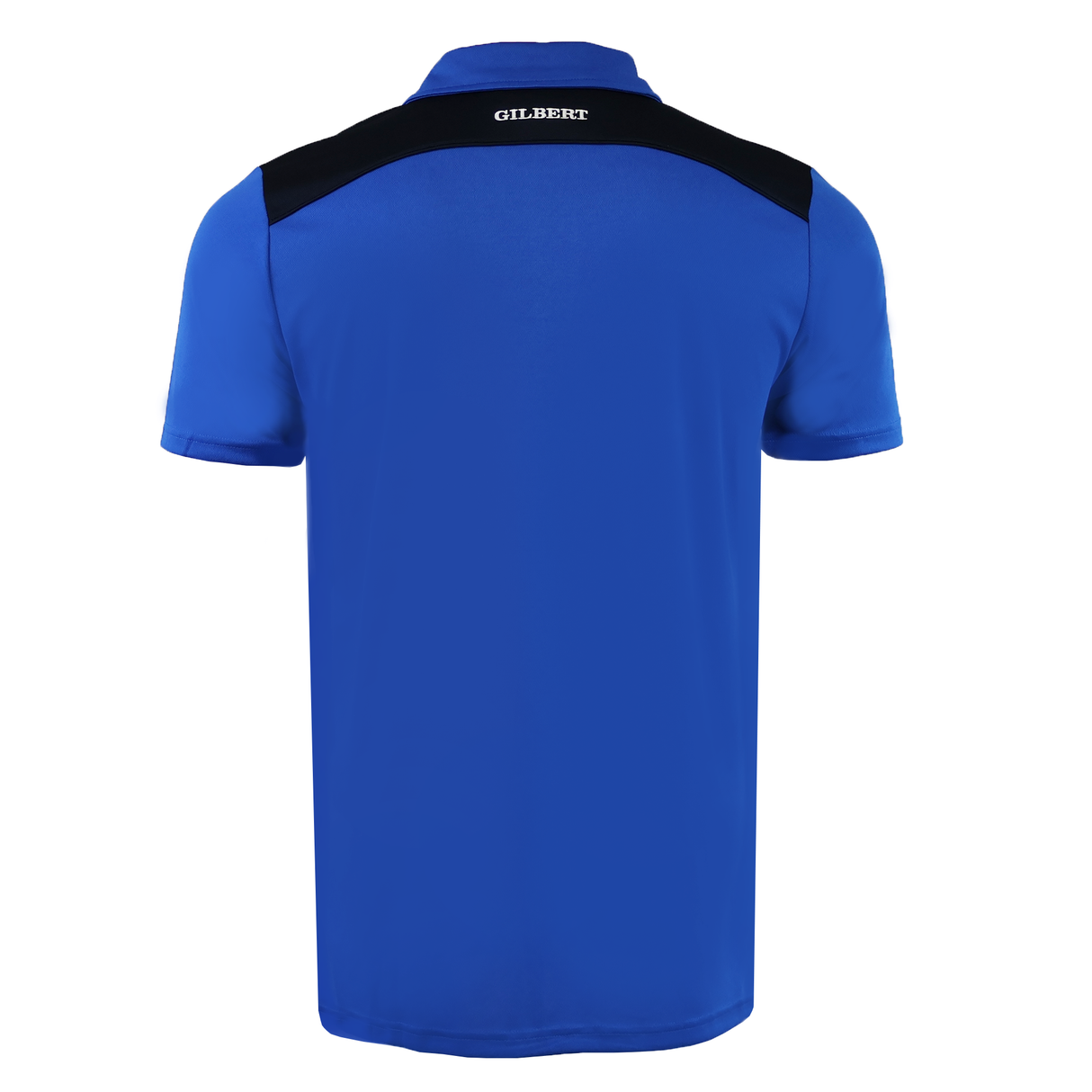 The Gilbert Photon II Polo is a blue, short-sleeve shirt with a black shoulder panel and "GILBERT" in white on the upper back, made from lightweight, moisture-wicking fabric for all-day comfort.