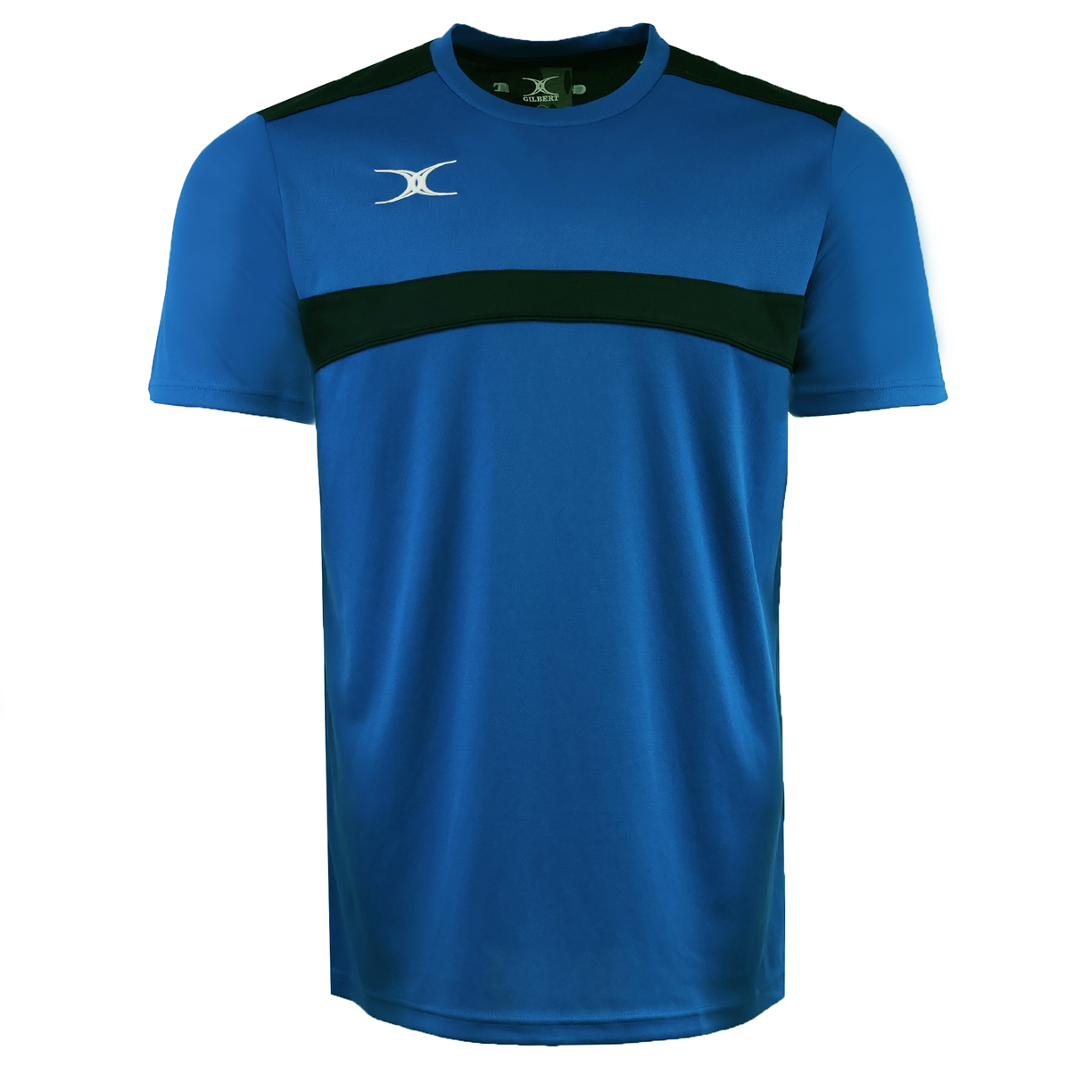 The Gilbert Photon Training Tee is a blue short-sleeve athletic shirt by Gilbert, featuring black horizontal stripes and a white logo. Made from moisture-wicking fabric, it ensures comfort during every workout.
