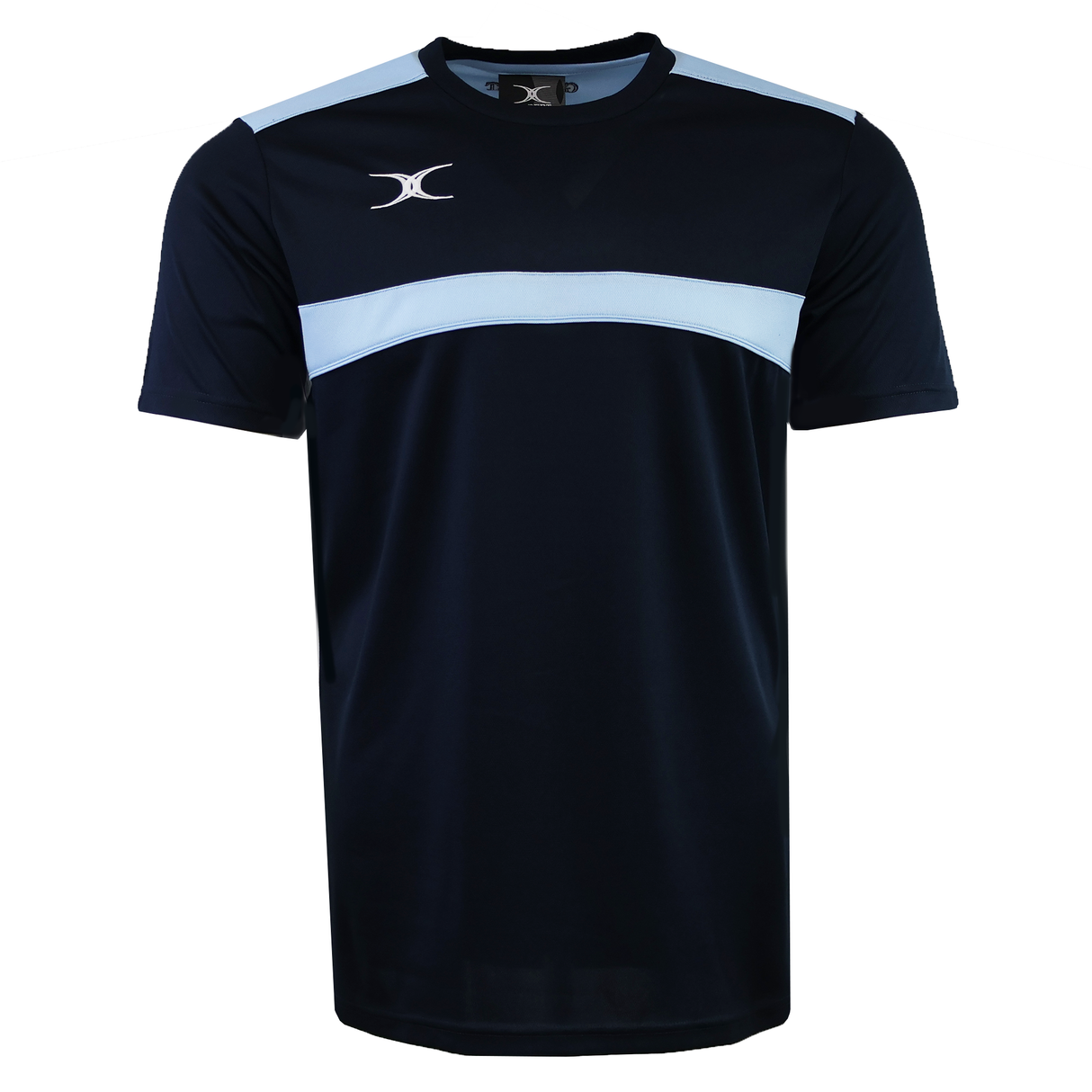 The Gilbert Photon Training Tee is a black tee with a light blue chest stripe, white logo on the left shoulder, and moisture-wicking fabric for comfort.