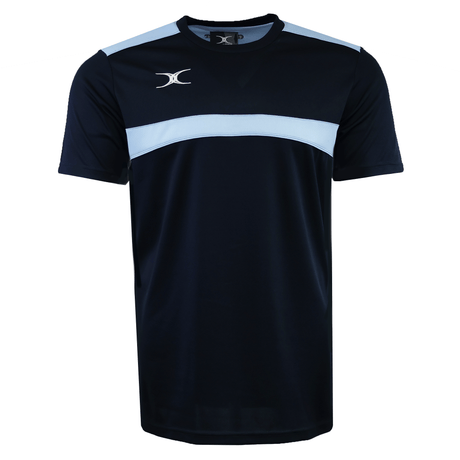 The Gilbert Photon Training Tee is a black tee with a light blue chest stripe, white logo on the left shoulder, and moisture-wicking fabric for comfort.