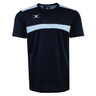 The Gilbert Photon Training Tee is a black tee with a light blue chest stripe, white logo on the left shoulder, and moisture-wicking fabric for comfort.