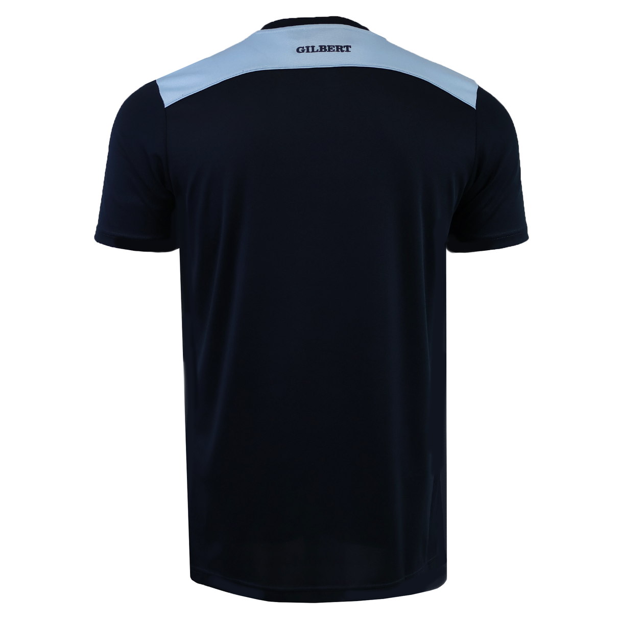 Back view of the Gilbert Photon Training Tee, a navy short-sleeve sports shirt with light blue shoulder panels, ergonomic design, and "GILBERT" on the upper back.
