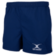 The Gilbert Virtuo Match Short is a navy blue rugby-specific short with an elastic waistband and features the white "GILBERT" logo on the left leg, ideal for elite players seeking comfort and style.