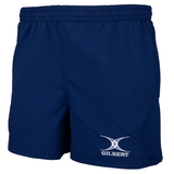 The Gilbert Virtuo Match Short 3-Pack Bundle by Bundle Gilbert is ideal for elite players, with a rugby-specific fit. These blue shorts feature an elastic waistband and the white "Gilbert" logo on the left leg.