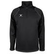 The Gilbert Quest 2 1/4 Zip Fleece Top is a black quarter-zip pullover made from micro-polyester for better mobility, featuring a raised collar and small white logo on the chest.