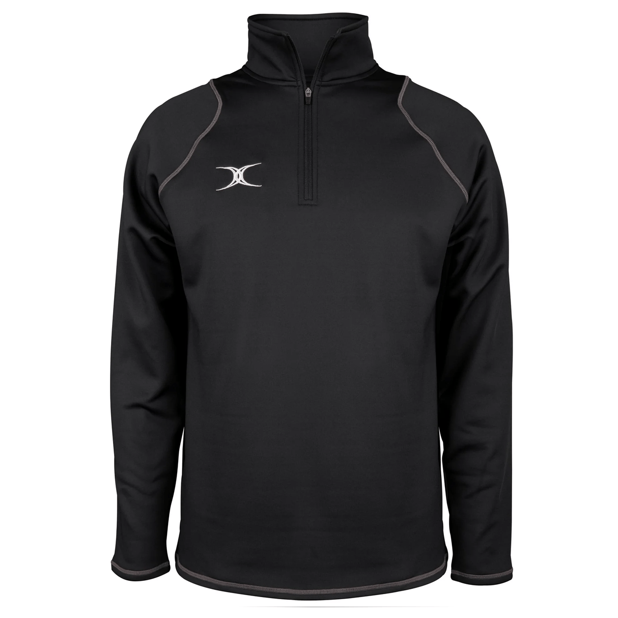 The Gilbert Quest 2 1/4 Zip Fleece Top is a black quarter-zip pullover made from micro-polyester for better mobility, featuring a raised collar and small white logo on the chest.