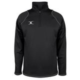 The Gilbert Quest 2 1/4 Zip Fleece Top is a black quarter-zip pullover made from micro-polyester for better mobility, featuring a raised collar and small white logo on the chest.