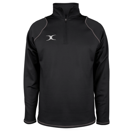 The Gilbert Quest 2 1/4 Zip Fleece Top is a black quarter-zip pullover made from micro-polyester for better mobility, featuring a raised collar and small white logo on the chest.