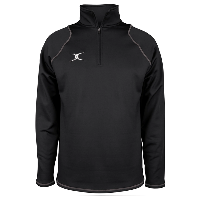The Gilbert Quest 2 1/4 Zip Fleece Top is a black quarter-zip pullover made from micro-polyester for better mobility, featuring a raised collar and small white logo on the chest.