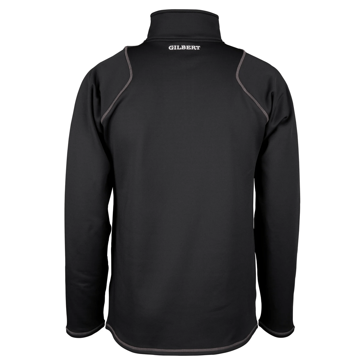 The back of the black Gilbert Quest 2 1/4 Zip Fleece Top, made from micro-polyester, features a high collar, light stitching, and "GILBERT" in white on the upper back for style and mobility.