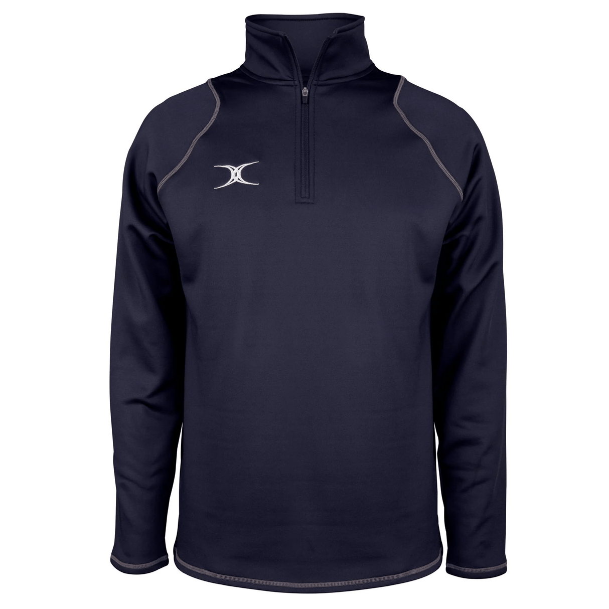 The Gilbert Quest 2 1/4 Zip Fleece Top is a navy blue long-sleeved athletic pullover, featuring a half-zip and small white logo on the chest. It’s expertly crafted from micro-polyester for enhanced mobility.